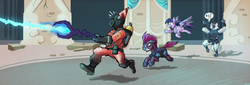 Size: 2160x736 | Tagged: safe, artist:invertigo, storm king, tempest shadow, twilight sparkle, alicorn, pony, unicorn, g4, my little pony: the movie, armor, broken horn, crossover, end of the world, equestria is doomed, female, flying, happy birthday mlp:fim, hat, horn, male, mare, mlp fim's seventh anniversary, oh no, party hat, pyro, run for your lives, running, staff, staff of sacanas, team fortress 2, tempest the birthday guest, twilight sparkle (alicorn), uh oh, we're all doomed, xk-class end-of-the-world scenario
