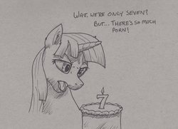 Size: 2000x1445 | Tagged: safe, artist:theandymac, twilight sparkle, g4, anniversary, birthday cake, cake, candle, confused, food, happy birthday mlp:fim, inktober, mlp fim's seventh anniversary, monochrome, silly, text, traditional art