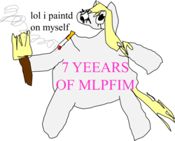 Size: 1483x1201 | Tagged: safe, artist:jacobfoolson, derpy hooves, g4, 1000 hours in ms paint, anniversary, cigarette, happy birthday mlp:fim, mlp fim's seventh anniversary, simple background, smoking, transparent background
