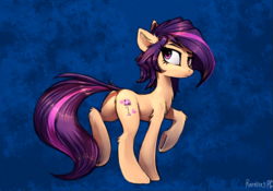 Size: 1126x787 | Tagged: safe, artist:ramiras, oc, oc only, oc:amethyst arkin, earth pony, pony, butt, chest fluff, female, fluffy, looking back, mare, plot, raised hoof, simple background, solo