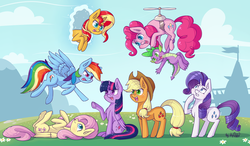 Size: 3998x2334 | Tagged: safe, artist:dsp2003, applejack, fluttershy, pinkie pie, rainbow dash, rarity, spike, sunset shimmer, twilight sparkle, alicorn, dragon, earth pony, pegasus, pony, unicorn, g4, blushing, female, flying, flying contraption, frog (hoof), happy birthday mlp:fim, high res, male, mane seven, mane six, mare, mlp fim's seventh anniversary, open mouth, tongue out, twilight sparkle (alicorn), underhoof