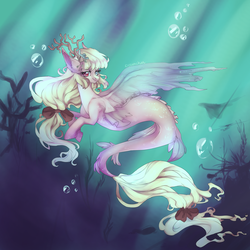 Size: 3840x3840 | Tagged: safe, artist:chocori, oc, oc only, oc:dream whisper, seapony (g4), bow, bubble, female, hair bow, heterochromia, high res, looking at you, ribbon, seaponified, signature, smiling, solo, species swap, underwater