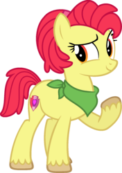 Size: 1023x1453 | Tagged: safe, artist:starryoak, apple bloom, earth pony, pony, miracleverse, g4, alternate hairstyle, alternate universe, bandana, clothes, female, mare, older, older apple bloom, raised hoof, short hair, simple background, the cmc's cutie marks, transparent background, unshorn fetlocks
