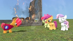 Size: 1024x576 | Tagged: dead source, safe, artist:scootabounce12-mlp, apple bloom, babs seed, scootaloo, sweetie belle, g4, 3d, cutie mark crusaders, fire, gmod