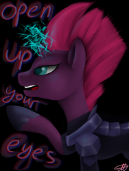 Size: 3000x4000 | Tagged: safe, artist:markesto, tempest shadow, pony, unicorn, g4, my little pony: the movie, armor, black background, broken horn, female, horn, mare, open mouth, open up your eyes, simple background, solo