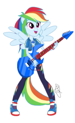 Size: 1252x2048 | Tagged: safe, artist:ilaria122, artist:sigmastarlight, rainbow dash, equestria girls, equestria girls series, g4, clothes, converse, electric guitar, female, geode of super speed, guitar, magical geodes, musical instrument, new design, not a vector, open mouth, pants, ponied up, shoes, signature, simple background, sneakers, solo, transparent background