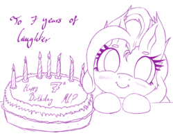 Size: 1934x1516 | Tagged: safe, artist:bigshot232, pinkie pie, birthday candles, blushing, cake, food, happy birthday mlp:fim, mlp fim's seventh anniversary, smiling