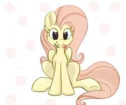 Size: 6000x5000 | Tagged: safe, artist:meowmavi, fluttershy, g4, abstract background, absurd resolution, cute, female, flower, looking at you, mouth hold, shyabetes, sitting, smiling, solo