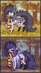 Size: 900x1604 | Tagged: safe, artist:tay-niko-yanuciq, oc, oc only, pegasus, pony, autumn, clothes, contrast, expectation vs reality, female, forest, leaf, mare, scarf, solo