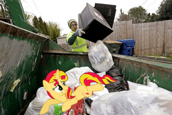 Size: 900x600 | Tagged: safe, edit, sunset shimmer, pony, unicorn, g4, abuse, downvote bait, op is a duck, op is trying to start shit, shimmerbuse, sunset shimmer's trash can, trash