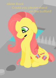 Size: 643x888 | Tagged: safe, artist:narialucy96, fluttershy, g4, button, dialogue, female, floppy ears, folded wings, game, looking at something, looking down, sitting, solo, undertale, wings