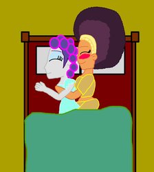 Size: 846x945 | Tagged: safe, artist:ktd1993, rarity, saffron masala, equestria girls, g4, afro, blushing, cuddling, equestria girls-ified, female, hair curlers, lesbian, raffron, shipping, spooning