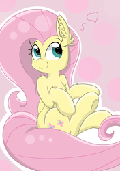 Size: 2456x3484 | Tagged: safe, artist:meowmavi, fluttershy, g4, chest fluff, cute, ear fluff, female, folded wings, heart, high res, looking at you, looking sideways, shyabetes, sitting, smiling, solo, turned head, wings