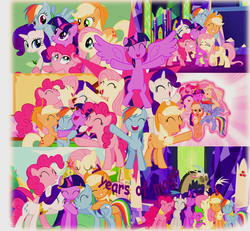 Size: 1218x1127 | Tagged: safe, anonymous artist, applejack, discord, fluttershy, pinkie pie, rainbow dash, rarity, spike, twilight sparkle, alicorn, dragon, pony, g4, happy birthday mlp:fim, mane seven, mane six, mlp fim's seventh anniversary, twilight sparkle (alicorn)