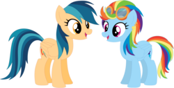 Size: 1024x521 | Tagged: safe, artist:ra1nb0wk1tty, indigo zap, rainbow dash, pegasus, pony, g4, ear piercing, earring, equestria girls ponified, female, goggles, jewelry, mare, palette swap, piercing, ponified, recolor, simple background, transparent background