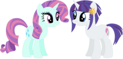 Size: 1024x495 | Tagged: safe, artist:ra1nb0wk1tty, rarity, sunny flare, pony, unicorn, g4, equestria girls ponified, female, mare, palette swap, ponified, recolor, simple background, transparent background
