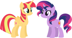 Size: 1024x549 | Tagged: safe, artist:ra1nb0wk1tty, sunset shimmer, twilight sparkle, alicorn, pony, unicorn, g4, alicornified, female, mare, palette swap, race swap, recolor, shimmercorn, simple background, transparent background, twilight sparkle (alicorn)