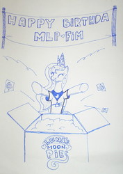 Size: 1230x1741 | Tagged: safe, artist:bastardo-kun, princess luna, g4, banner, box, gel pen, happy birthday mlp:fim, hat, mlp fim's seventh anniversary, moon pie, party hat, throwing, traditional art, we couldn't fit it all in
