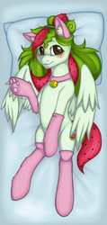 Size: 1425x3000 | Tagged: safe, artist:akil-wolf, artist:likaniya, oc, oc only, oc:watermelana, cat, pony, bed, blushing, cat ears, clothes, collar, freckles, looking at you, on back, on bed, paw pads, paw prints, paw socks, paws, pillow, socks, solo, thigh highs
