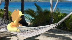 Size: 2120x1192 | Tagged: safe, artist:stormxf3, applejack, earth pony, pony, g4, beach, butt, female, hammock, irl, leaning, mare, palm tree, photo, plot, ponies in real life, prone, smiling, solo, tree