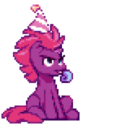 Size: 308x308 | Tagged: safe, artist:mrponiator, fizzlepop berrytwist, tempest shadow, pony, unicorn, g4, my little pony: the movie, animated, broken horn, cute, female, fizzlepop's fireworks, gif, happy birthday mlp:fim, hat, horn, magic, mare, mlp fim's seventh anniversary, party hat, party horn, pixel art, simple background, solo, sparking horn, sweet dreams fuel, tempest the birthday guest, tempestbetes, transparent background