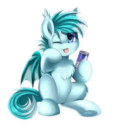 Size: 2855x3087 | Tagged: safe, artist:pridark, oc, oc only, bat pony, pony, bat pony oc, chest fluff, commission, energy drink, high res, looking at you, male, one eye closed, red bull, simple background, smiling, solo, stallion, tongue out, transparent background