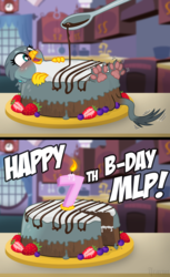 Size: 2000x3264 | Tagged: safe, artist:icaron, gabby, griffon, g4, 2 panel comic, berry, birthday candles, blushing, cake, candle, cellular peptide cake (with mint frosting), chocolate, comic, cute, female, food, food transformation, frosting, gabbybetes, happy birthday mlp:fim, high res, imminent vore, implied death, inanimate tf, kitchen, mlp fim's seventh anniversary, paw pads, paws, show accurate, solo, spoon, transformation, underpaw, wiggle