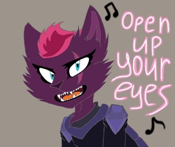 Size: 2737x2289 | Tagged: safe, artist:sonadbroken, tempest shadow, abyssinian, cat, g4, my little pony: the movie, abyssinianized, armor, brown background, catified, eye scar, fangs, female, gray background, high res, open mouth, open up your eyes, scar, scar on the wrong side, simple background, solo, species swap