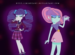Size: 699x509 | Tagged: safe, artist:miqueart, rarity, sunny flare, equestria girls, g4, my little pony equestria girls: friendship games, alternate hairstyle, alternate universe, base used, clothes, crystal prep academy uniform, eyes closed, female, school uniform, skirt, socks