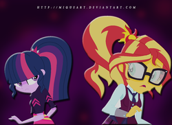 Size: 699x509 | Tagged: safe, artist:miqueart, sci-twi, sunset shimmer, twilight sparkle, equestria girls, g4, my little pony equestria girls: friendship games, alternate hairstyle, alternate universe, base used, clothes, clothes swap, crystal prep academy uniform, female, glasses, human sunset, role reversal, school uniform, skirt, sunspecs shimmer