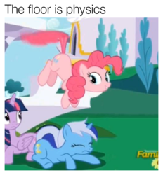 Size: 527x567 | Tagged: safe, edit, edited screencap, screencap, minuette, pinkie pie, twilight sparkle, alicorn, pony, amending fences, g4, caption, discovery family, discovery family logo, image macro, meme, pinkie being pinkie, pinkie physics, tailcopter, the floor is lava, twilight sparkle (alicorn)