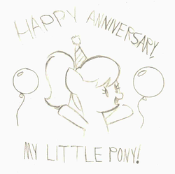 Size: 1280x1274 | Tagged: safe, artist:sny-por, oc, oc only, oc:lola balloon, balloon, cute, happy birthday mlp:fim, hat, mlp fim's seventh anniversary, ocbetes, party hat, ponytail, simple background, sketch