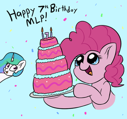 Size: 505x472 | Tagged: safe, artist:seafooddinner, pinkie pie, princess celestia, alicorn, earth pony, pony, birthday candles, cake, cakelestia, candle, confetti, cute, female, food, frosting, happy birthday mlp:fim, holding, hoof hold, mare, mlp fim's seventh anniversary, open mouth, sillestia, silly, simple background, smiling, tongue out