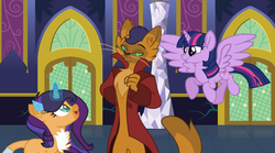 Size: 1024x570 | Tagged: safe, artist:flakyporcupine1989, capper dapperpaws, rarity, twilight sparkle, oc, oc:jewel fur, abyssinian, alicorn, cat, hybrid, pony, sphinx, unicorn, anthro, digitigrade anthro, g4, my little pony: the movie, anthro with ponies, capperity, chest fluff, clothes, coat, cutie mark, father and daughter, female, male, next generation, offspring, parent:capper dapperpaws, parent:rarity, parents:capperity, ponyville, spell, twilight sparkle (alicorn), twilight's castle
