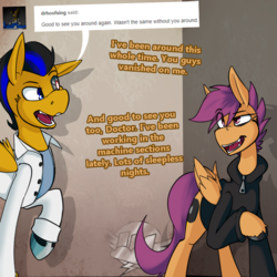 Size: 750x750 | Tagged: safe, artist:conmanwolf, scootaloo, pegasus, pony, ask factory scootaloo, fanfic:rainbow factory, g4, clothes, comic, dr. hoofsing, factory scootaloo, fangs, hoodie, lab coat, shadow, zipper