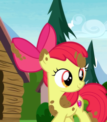 Size: 948x1080 | Tagged: safe, screencap, apple bloom, earth pony, pony, g4, marks and recreation, bow, female, filly, hair bow, mud, solo