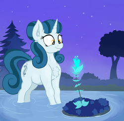 Size: 2020x1967 | Tagged: safe, artist:paskanaakka, derpibooru exclusive, oc, oc only, oc:cerulean swirls, pony, unicorn, chest fluff, ear fluff, female, flower, fog, mare, night, smiling, solo, tree, water