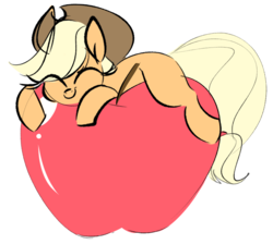 Size: 879x789 | Tagged: safe, artist:hattsy, applejack, earth pony, pony, g4, apple, cowboy hat, cute, eyes closed, female, food, hat, simple background, smiling, solo, white background