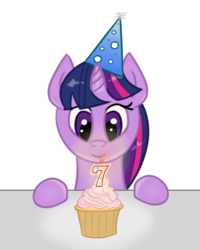 Size: 516x646 | Tagged: safe, artist:rhythmpixel, derpibooru exclusive, twilight sparkle, g4, birthday candles, candle, cupcake, female, food, happy birthday mlp:fim, hat, mlp fim's seventh anniversary, party hat, simple background, solo, transparent background