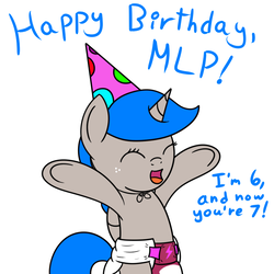 Size: 700x700 | Tagged: safe, artist:spritepony, oc, oc only, oc:sprite, alicorn, pony, adult foal, alicorn oc, cute, diaper, diaper fetish, female, fetish, filly, foal, freckles, happy, happy birthday mlp:fim, hat, mlp fim's seventh anniversary, non-baby in diaper, party hat