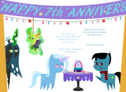 Size: 4500x3300 | Tagged: safe, artist:sketchmcreations, queen chrysalis, thorax, trixie, oc, oc:sketch mythos, changedling, changeling, pony, g4, banner, cake, food, happy birthday mlp:fim, king thorax, magic, mlp fim's seventh anniversary, piñata, pointy ponies, raised hoof, simple background, transparent background, we couldn't fit it all in