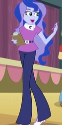 Size: 360x720 | Tagged: safe, screencap, princess luna, sandalwood, vice principal luna, a banner day, equestria girls, friendship games, g4, clipboard, clothes, cropped, female, high heels, lipstick, offscreen character, pants, pen, shoes, smiling, solo