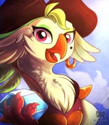 Size: 1754x2000 | Tagged: safe, artist:hintomikto, captain celaeno, bird, parrot, parrot pirates, anthro, g4, my little pony: the movie, chest fluff, clothes, ear piercing, earring, female, gem, hat, jewelry, looking at you, open mouth, outdoors, piercing, pirate, pirate hat, smiling, solo