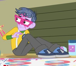 Size: 589x511 | Tagged: safe, screencap, micro chips, a banner day, equestria girls, g4, my little pony equestria girls: friendship games, canterlot high, clothes, cropped, glasses, gymnasium, male, pants, shoes, sneakers, solo