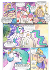 Size: 1363x1920 | Tagged: safe, artist:pencils, princess celestia, oc, oc:anon, alicorn, human, pony, comic:anon's pie adventure, g4, apollo, butt, cake, comic, crown, crying, dialogue, dock, female, food, get on with it, hoof shoes, jewelry, lips, magic, male, mare, muscles, open mouth, peytral, plot, regalia, speech bubble, spread wings, strawberry, tears of joy, wings