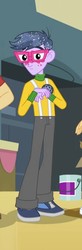 Size: 186x567 | Tagged: safe, screencap, micro chips, a banner day, equestria girls, g4, my little pony equestria girls: friendship games, clothes, glasses, male, offscreen character, pants, shoes, sneakers, solo