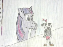 Size: 640x480 | Tagged: safe, artist:derek the metagamer, twilight sparkle, g4, crossover, cup, cuphead, cuphead (character), everything is ruined, female, hooves, mare, pure unfiltered evil, traditional art