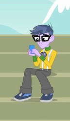 Size: 301x523 | Tagged: safe, screencap, micro chips, all's fair in love & friendship games, equestria girls, g4, my little pony equestria girls: friendship games, clothes, cropped, pants, phone, shoes, sitting, smiling, sneakers