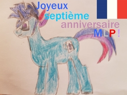 Size: 1280x960 | Tagged: safe, artist:supermark, oc, oc only, oc:marquis majordome, pony, unicorn, drawing, french, glasses, happy birthday mlp:fim, male, mlp fim's seventh anniversary, solo, stallion, traditional art