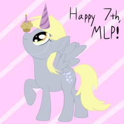 Size: 1500x1500 | Tagged: safe, artist:nitei, derpy hooves, g4, balancing, food, happy birthday mlp:fim, hat, mlp fim's seventh anniversary, muffin, party hat, ponies balancing stuff on their nose
